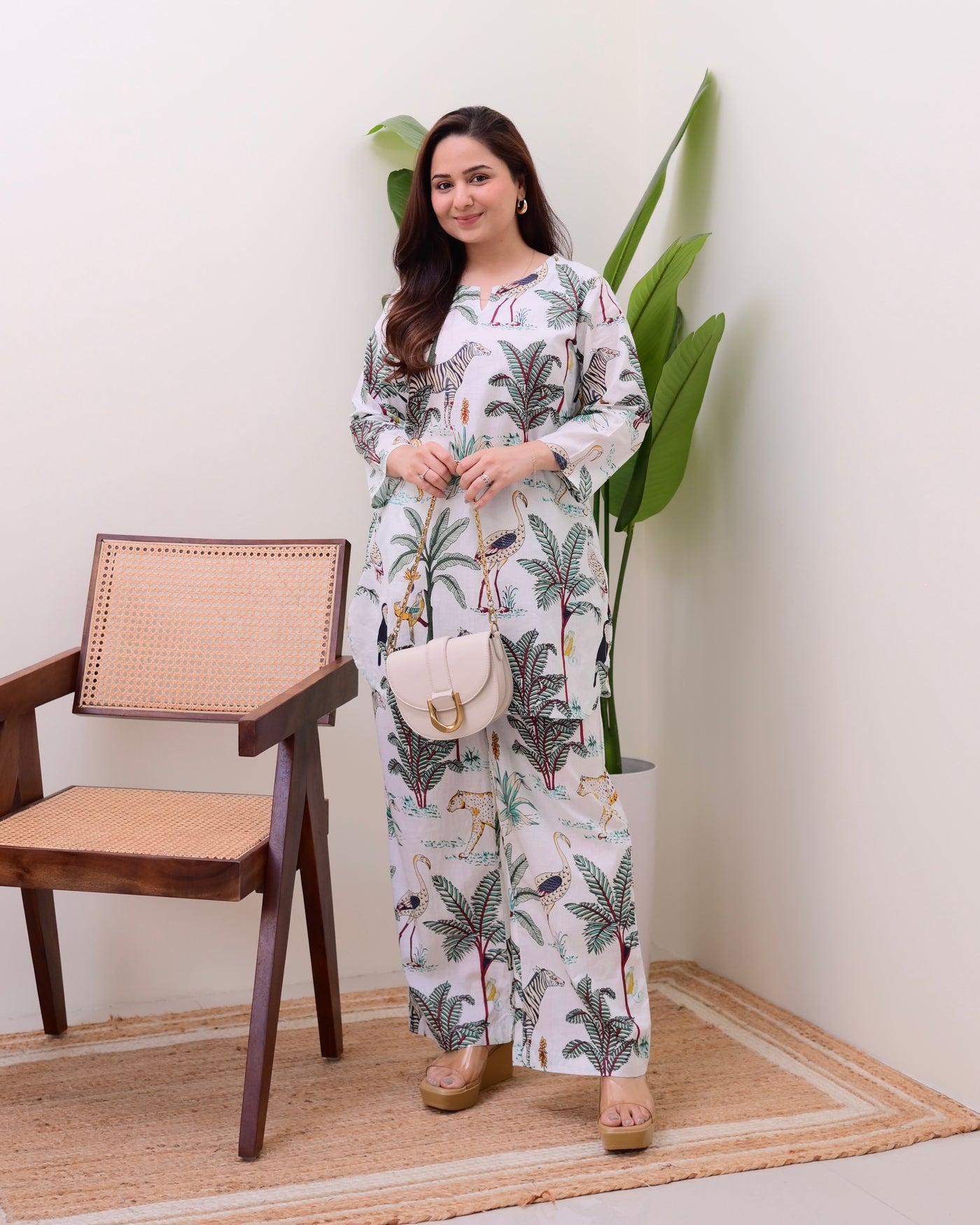 White Jungle Print Cotton Loungewear Set