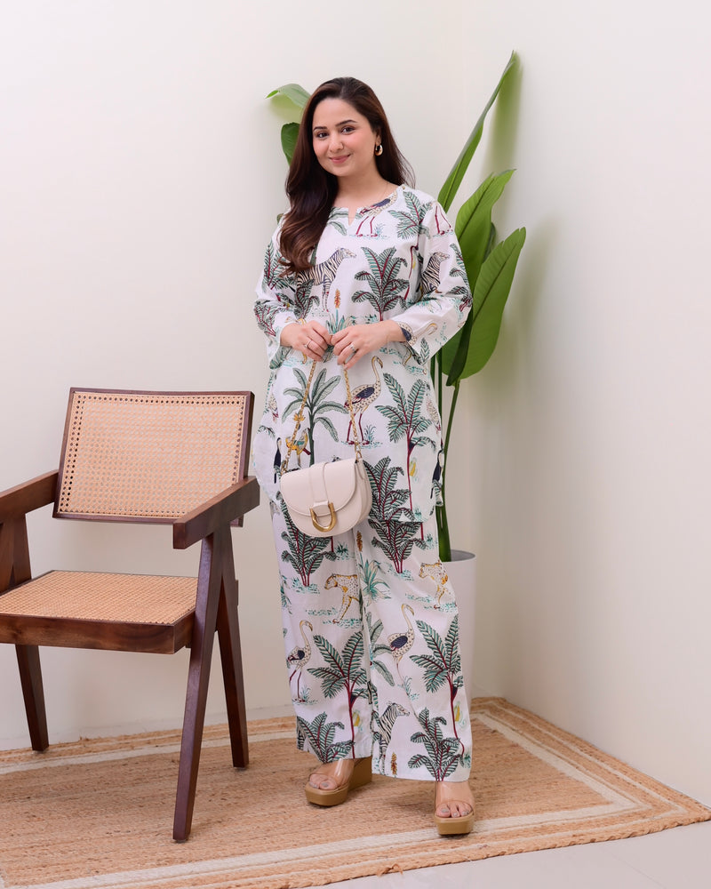 White Jungle Print Cotton Loungewear Set