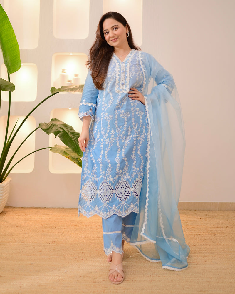 Blue Ombre Lucknowi Cotton Suit