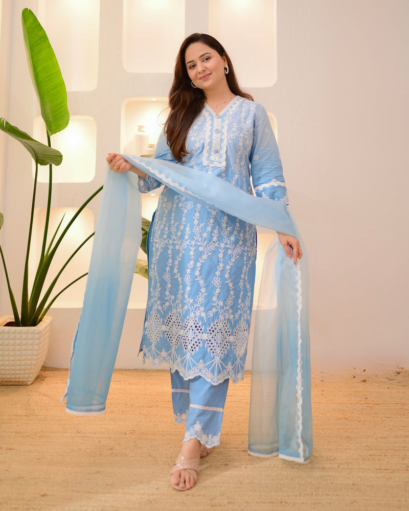 Blue Ombre Lucknowi Cotton Suit