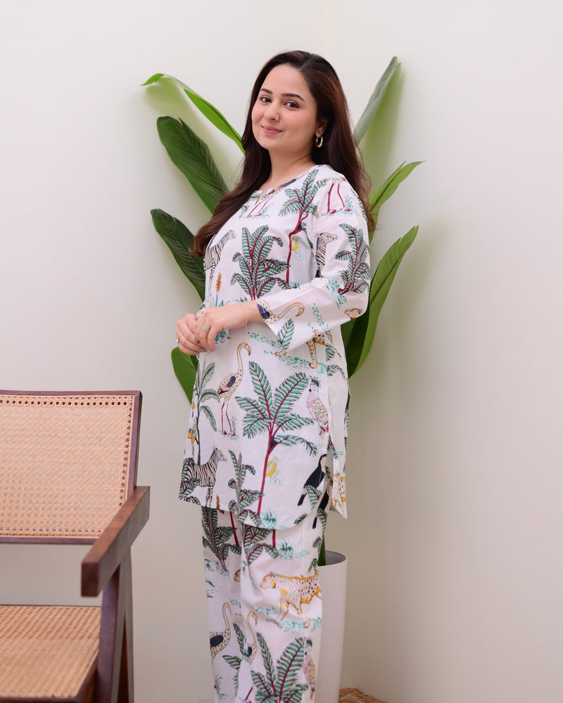 White Jungle Print Cotton Loungewear Set