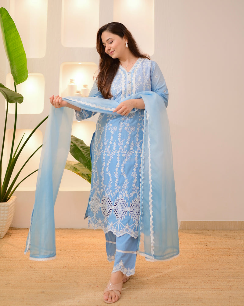 Blue Ombre Lucknowi Cotton Suit
