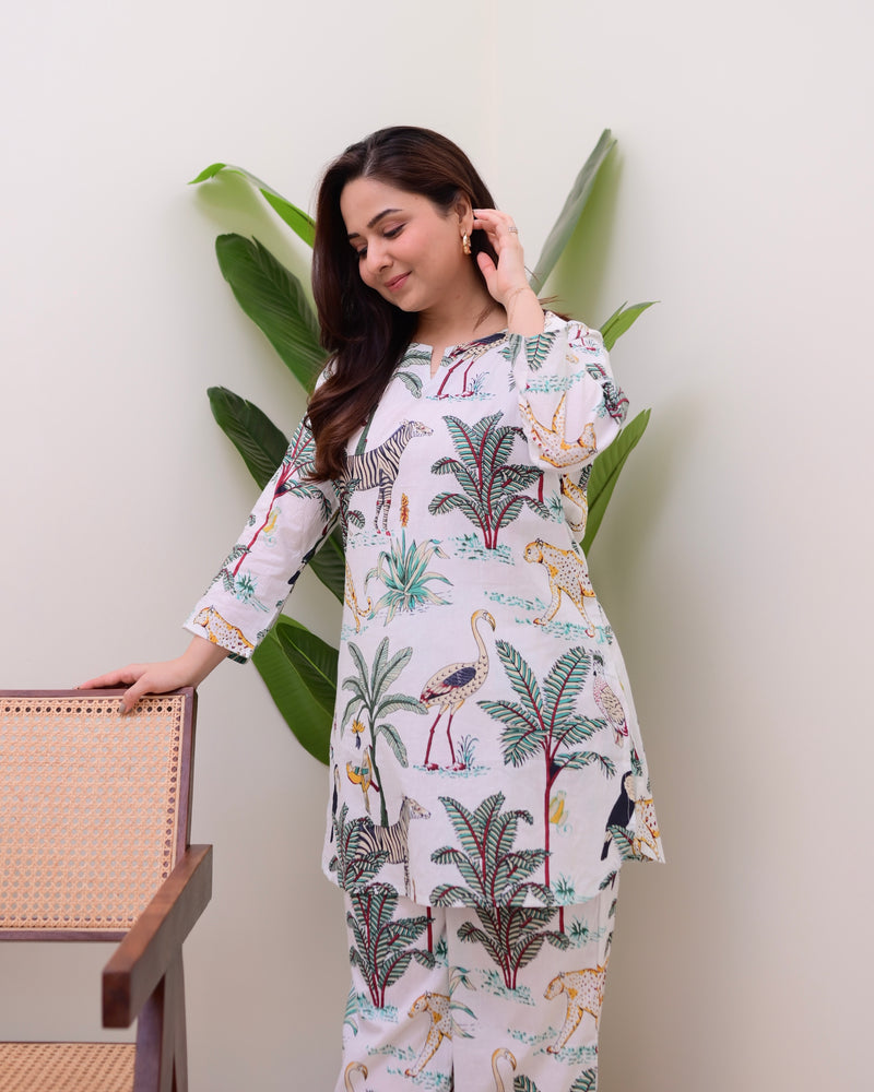 White Jungle Print Cotton Loungewear Set