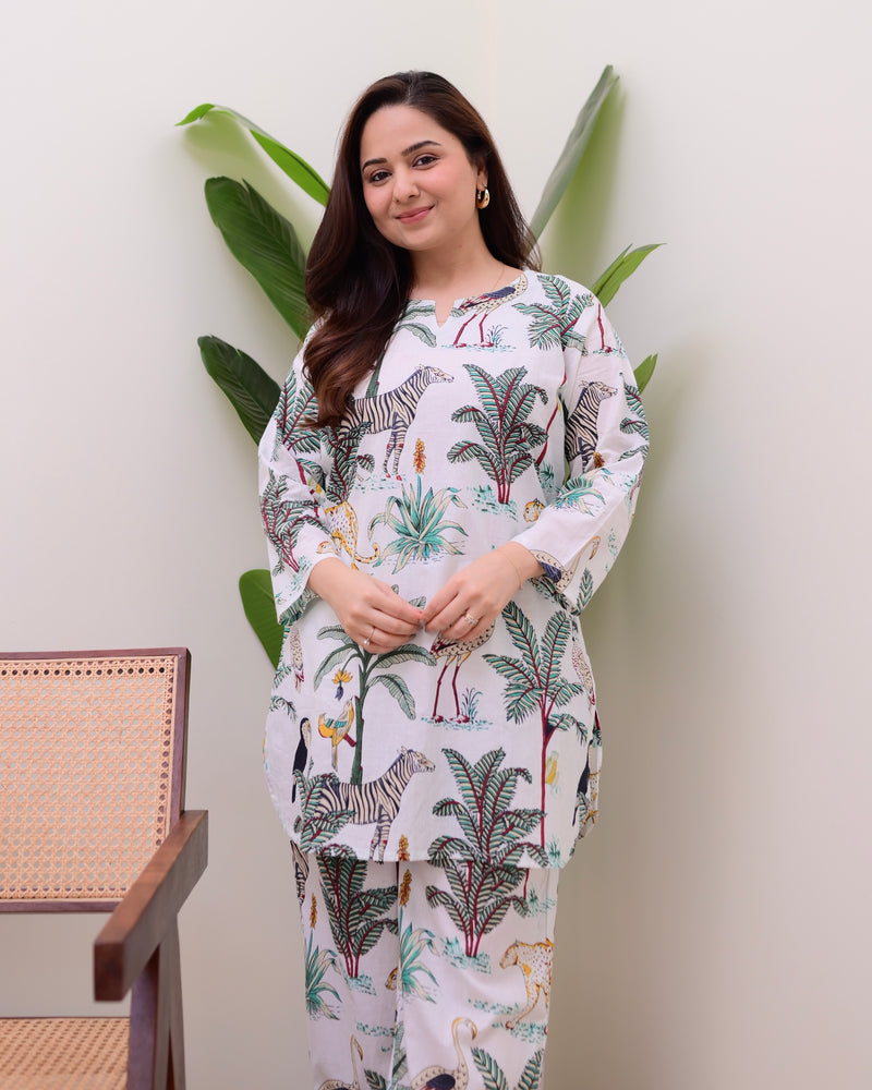 White Jungle Print Cotton Loungewear Set