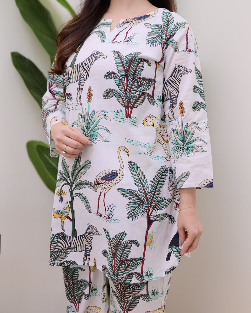 White Jungle Print Cotton Loungewear Set