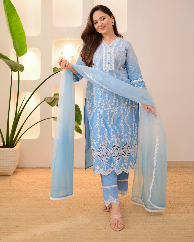 Blue Ombre Lucknowi Cotton Suit
