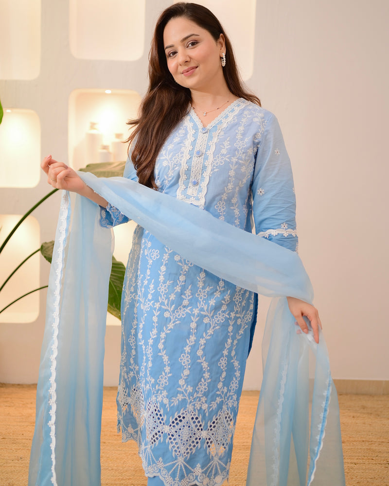 Blue Ombre Lucknowi Cotton Suit