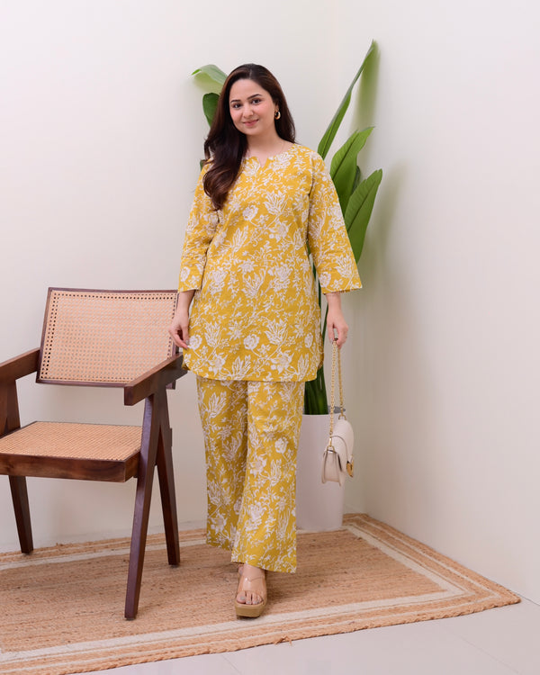 Mustard Floral Cotton Loungewear Set
