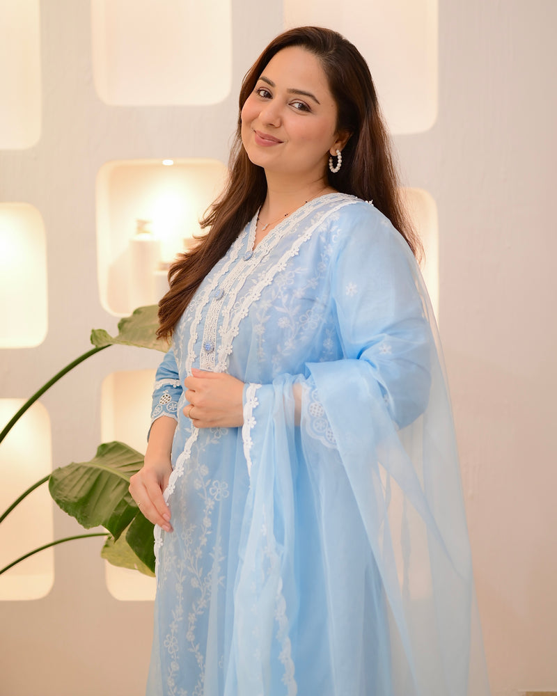 Blue Ombre Lucknowi Cotton Suit
