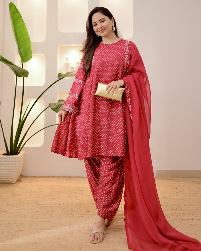 Maroon Bandhani Bloom A Line Muslin Suit