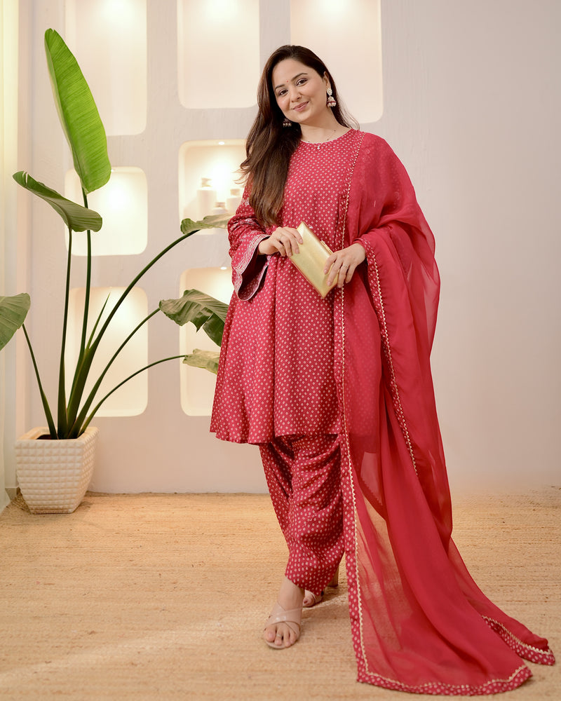 Maroon Bandhani Bloom A Line Muslin Suit