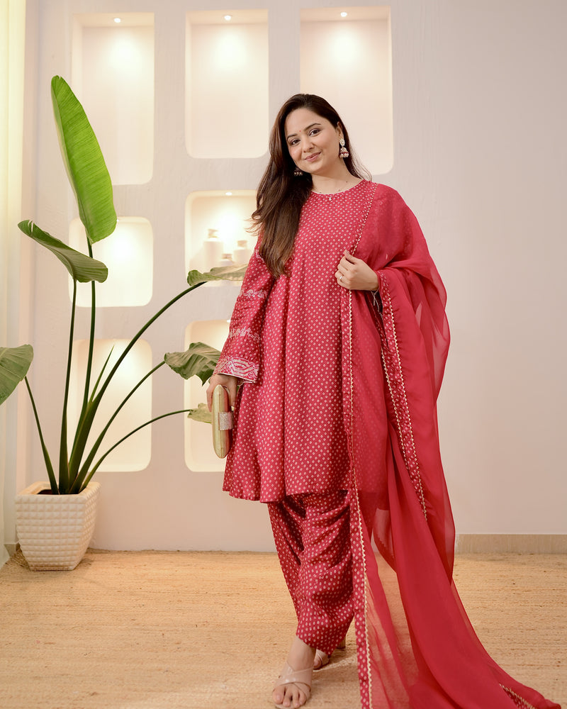 Maroon Bandhani Bloom A Line Muslin Suit