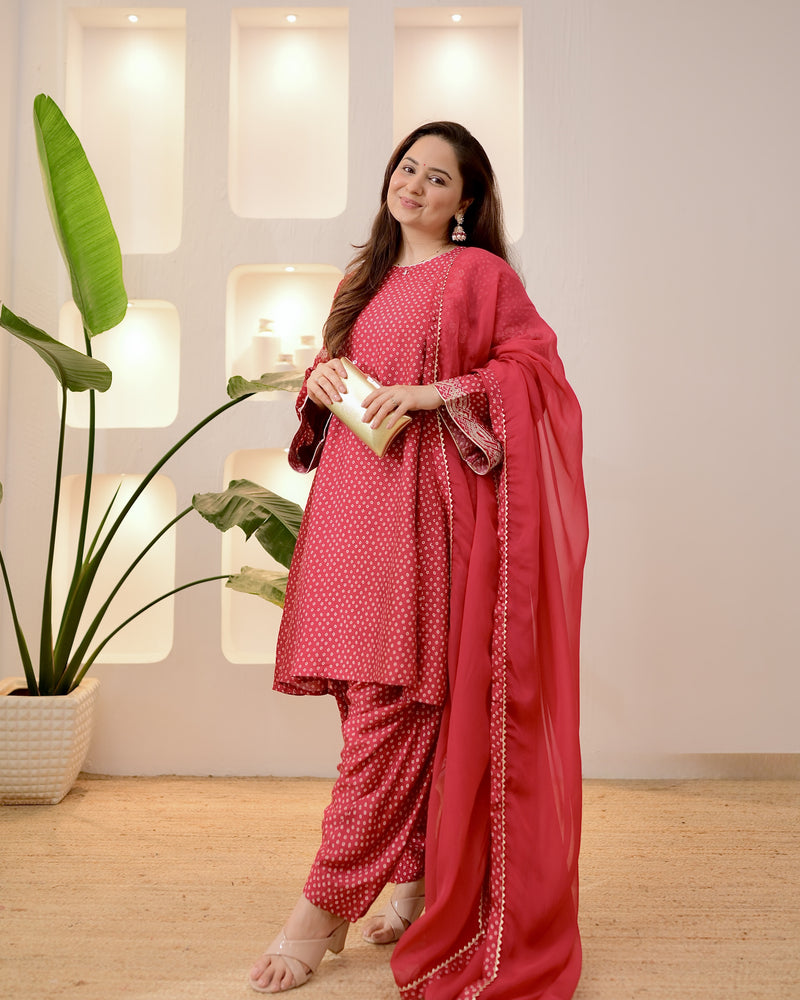 Maroon Bandhani Bloom A Line Muslin Suit