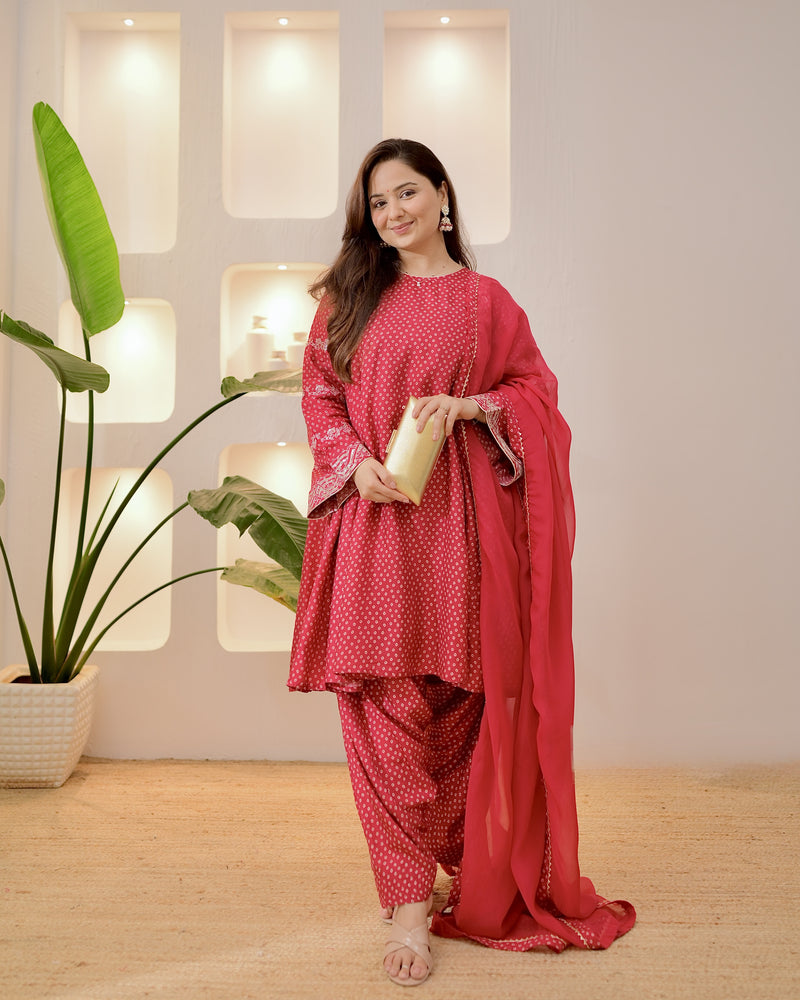 Maroon Bandhani Bloom A Line Muslin Suit