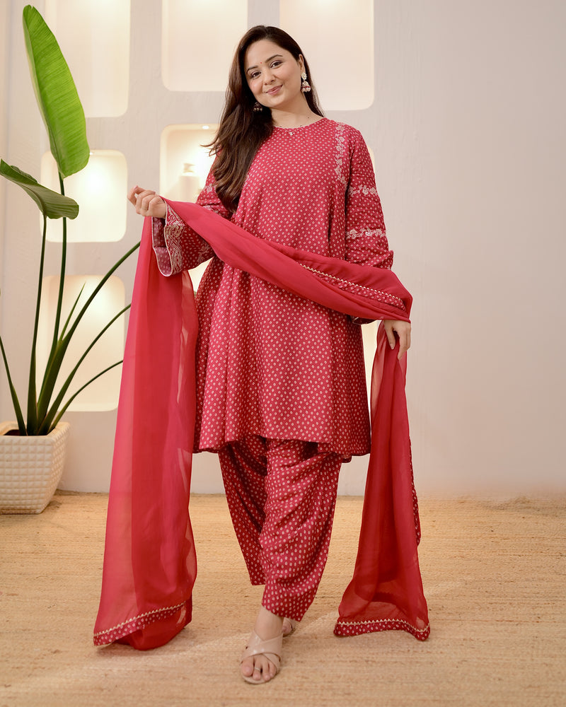 Maroon Bandhani Bloom A Line Muslin Suit