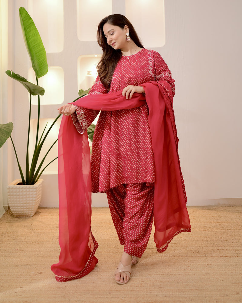 Maroon Bandhani Bloom A Line Muslin Suit