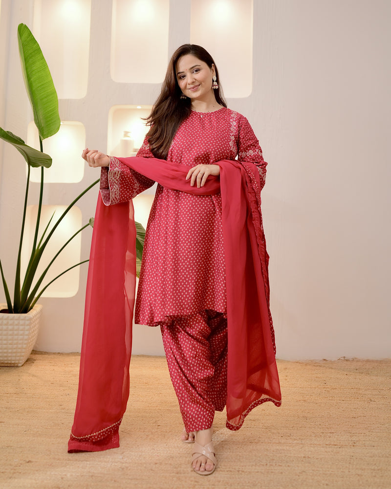 Maroon Bandhani Bloom A Line Muslin Suit