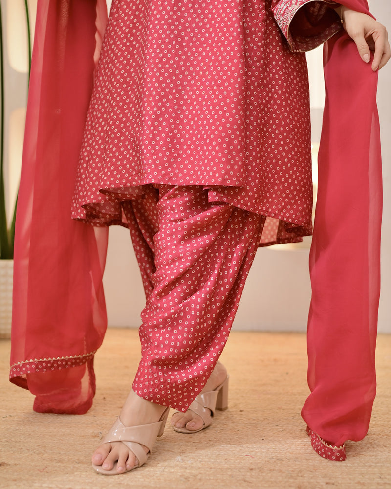Maroon Bandhani Bloom A Line Muslin Suit