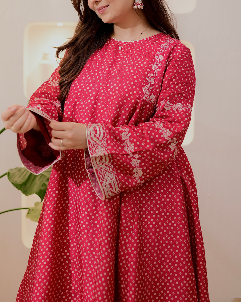 Maroon Bandhani Bloom A Line Muslin Suit