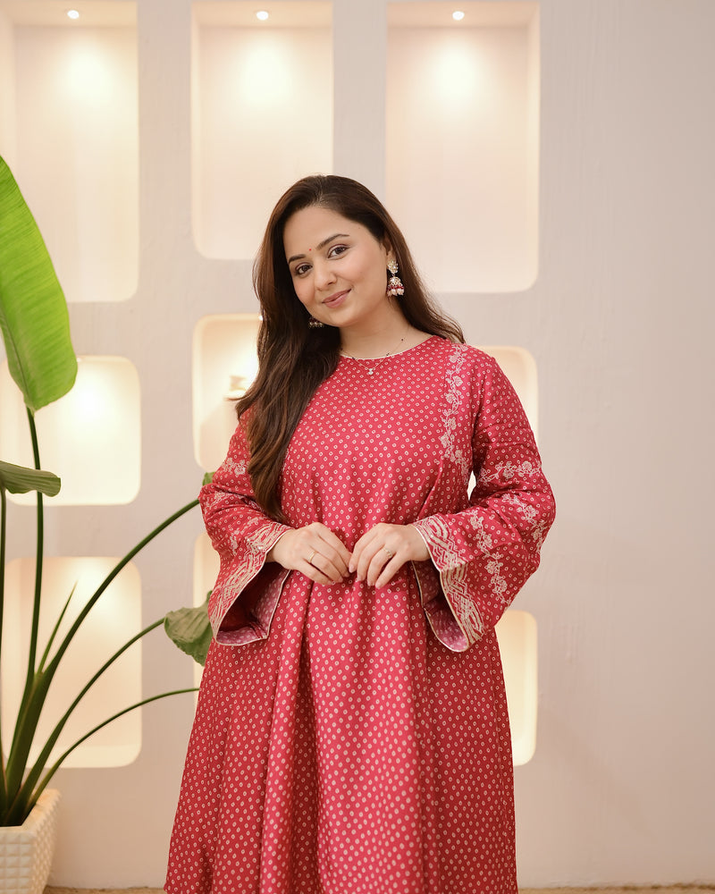 Maroon Bandhani Bloom A Line Muslin Suit