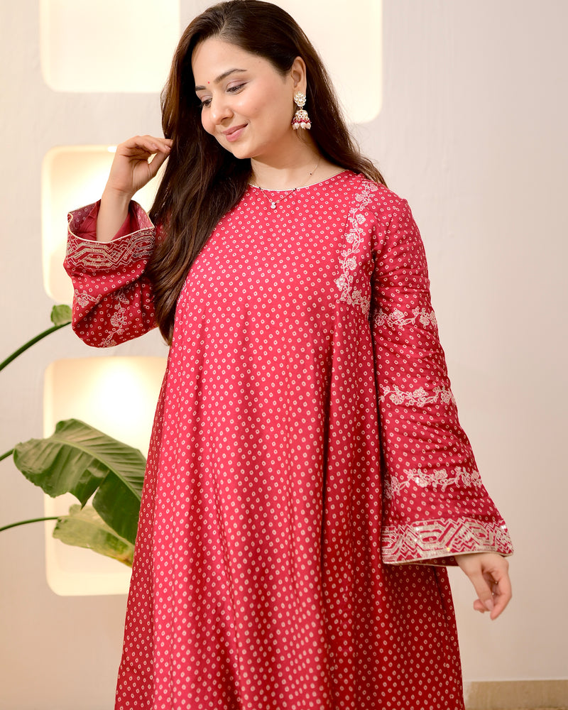 Maroon Bandhani Bloom A Line Muslin Suit