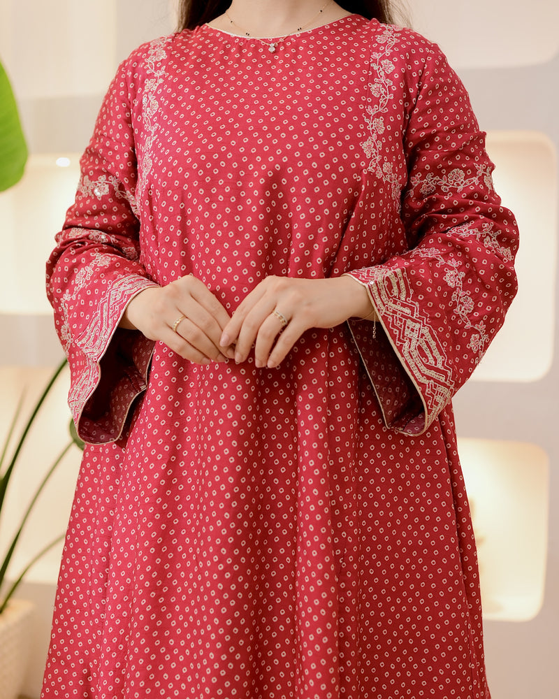 Maroon Bandhani Bloom A Line Muslin Suit