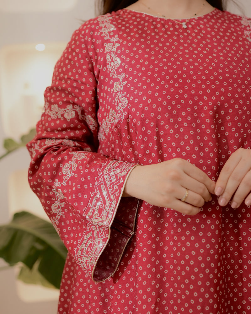 Maroon Bandhani Bloom A Line Muslin Suit