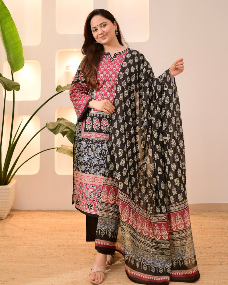 Black Ajrakh Printed Mirror Work Cotton Suit