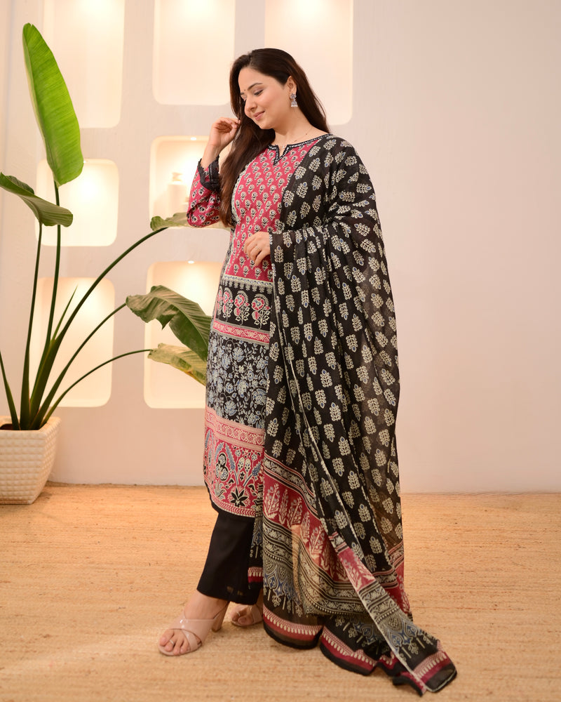 Black Ajrakh Printed Mirror Work Cotton Suit