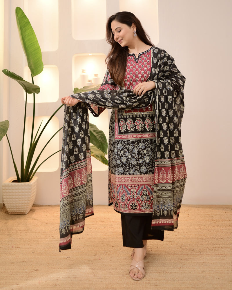 Black Ajrakh Printed Mirror Work Cotton Suit