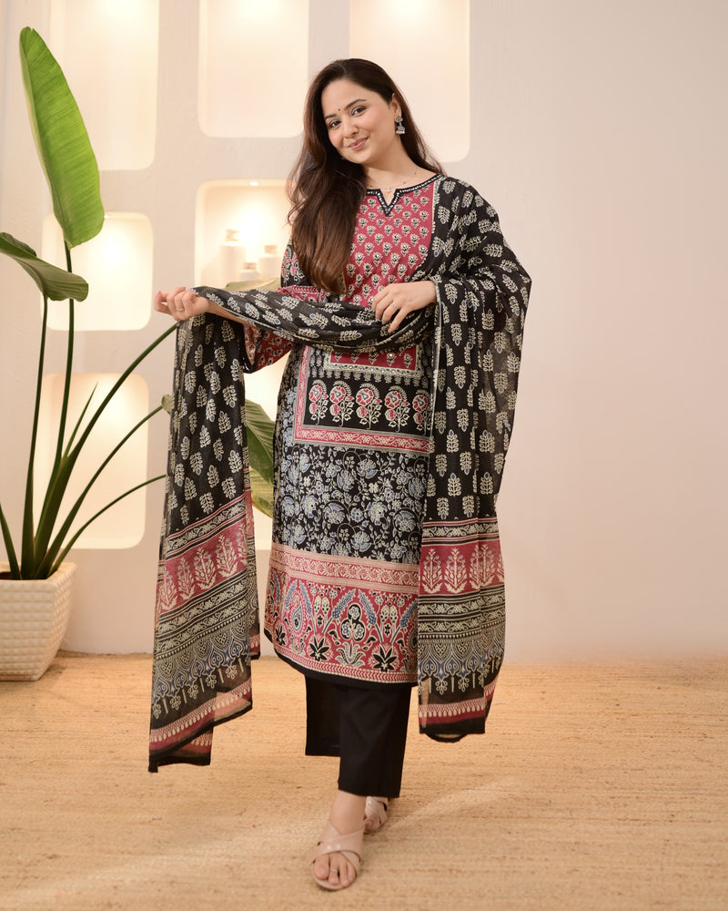 Black Ajrakh Printed Mirror Work Cotton Suit