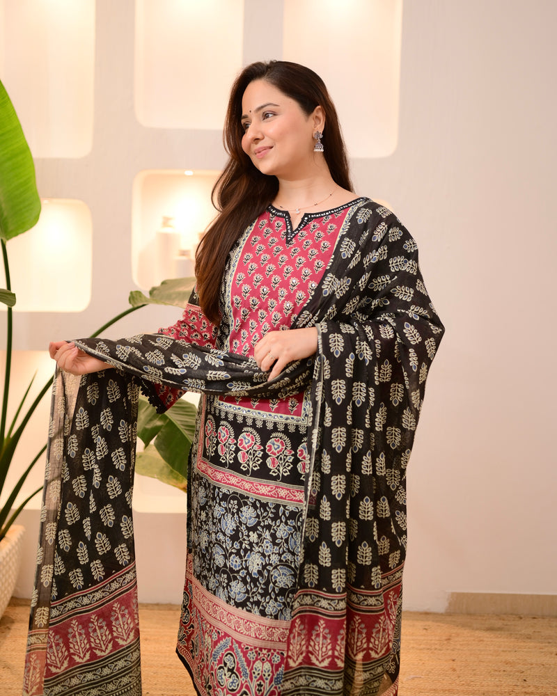 Black Ajrakh Printed Mirror Work Cotton Suit