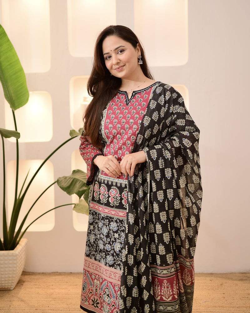 Black Ajrakh Printed Mirror Work Cotton Suit