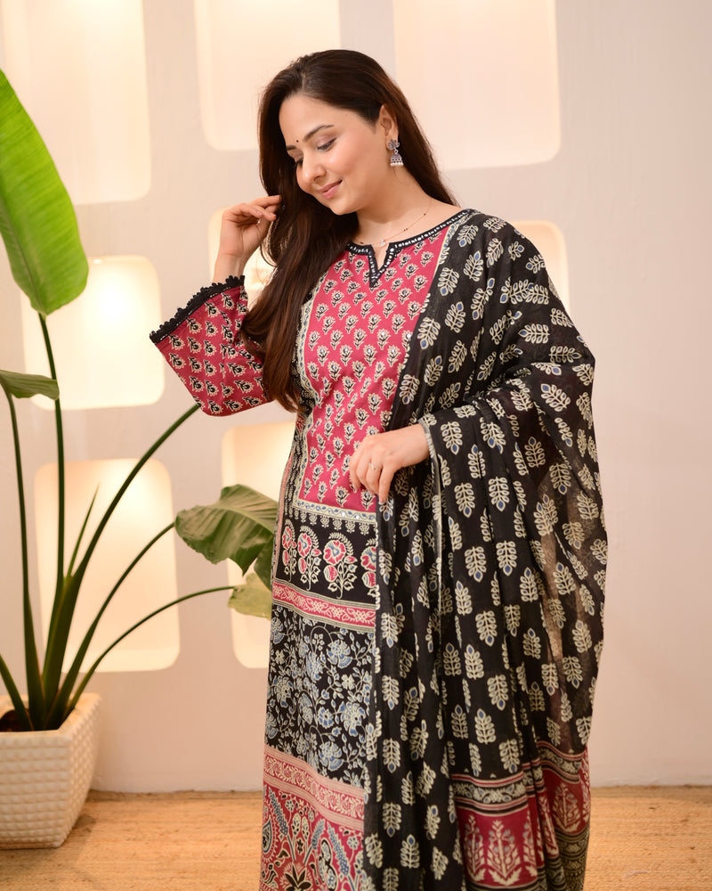 Black Ajrakh Printed Mirror Work Cotton Suit