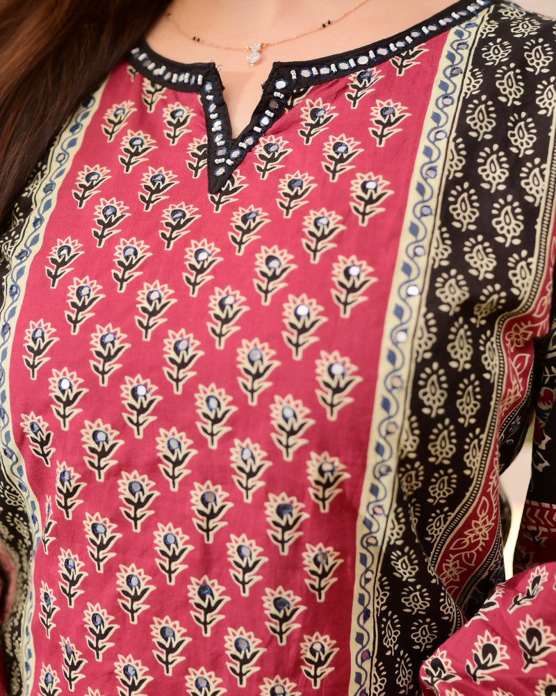 Black Ajrakh Printed Mirror Work Cotton Suit