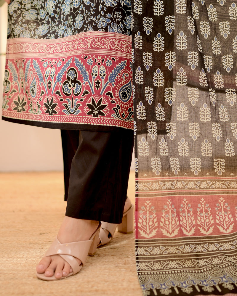 Black Ajrakh Printed Mirror Work Cotton Suit
