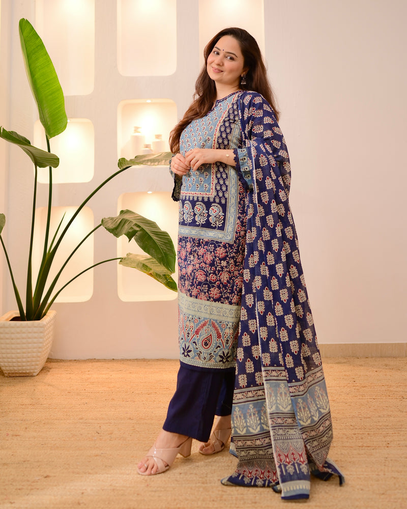Navy Ajrakh Printed Mirror Work Cotton Suit
