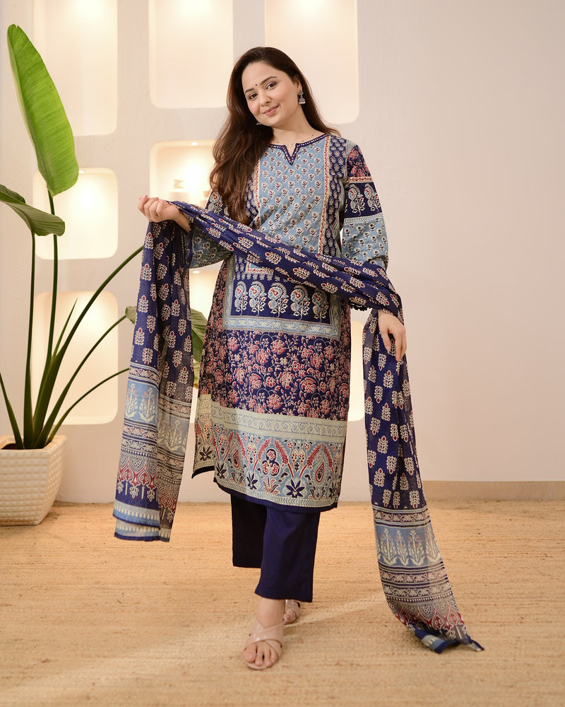Navy Ajrakh Printed Mirror Work Cotton Suit