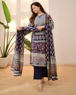 Navy Ajrakh Printed Mirror Work Cotton Suit