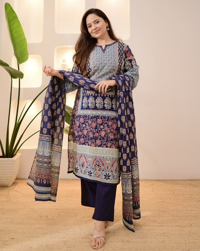 Navy Ajrakh Printed Mirror Work Cotton Suit