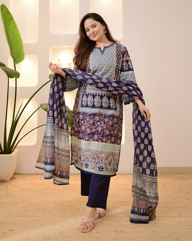 Navy Ajrakh Printed Mirror Work Cotton Suit