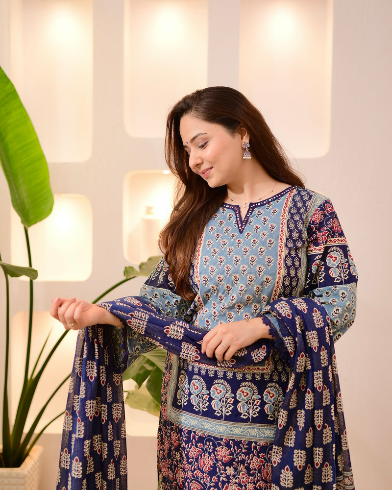 Navy Ajrakh Printed Mirror Work Cotton Suit