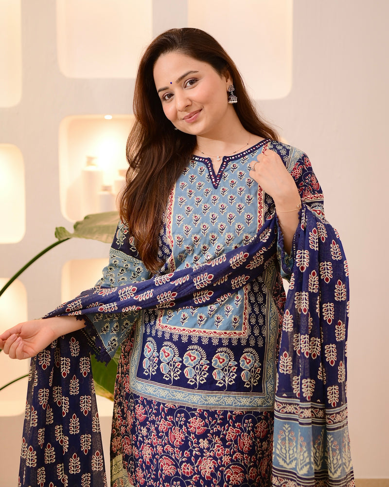 Navy Ajrakh Printed Mirror Work Cotton Suit