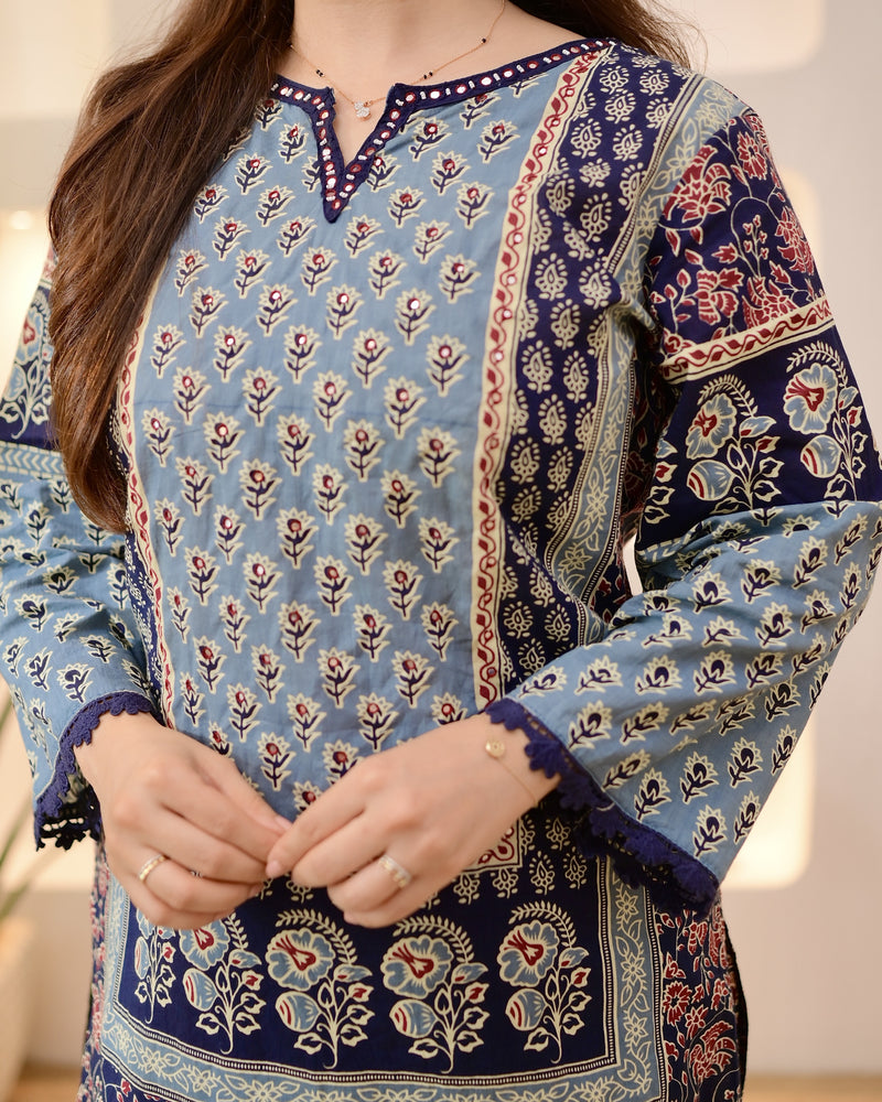 Navy Ajrakh Printed Mirror Work Cotton Suit