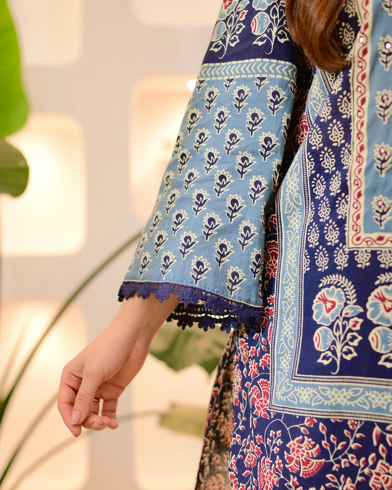 Navy Ajrakh Printed Mirror Work Cotton Suit