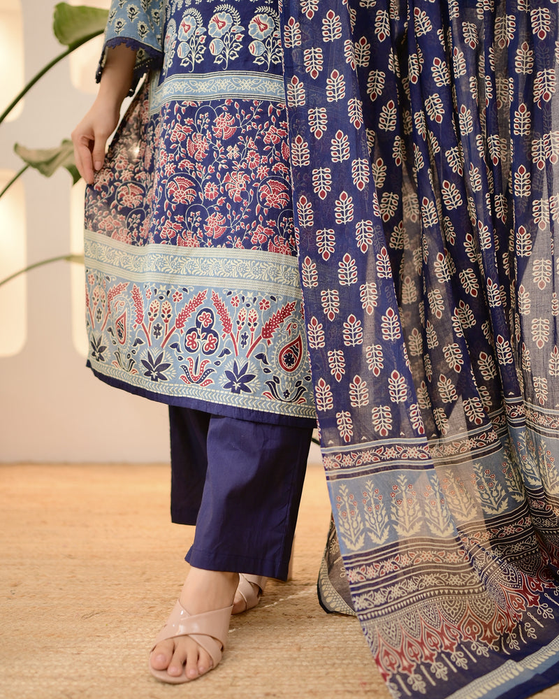 Navy Ajrakh Printed Mirror Work Cotton Suit
