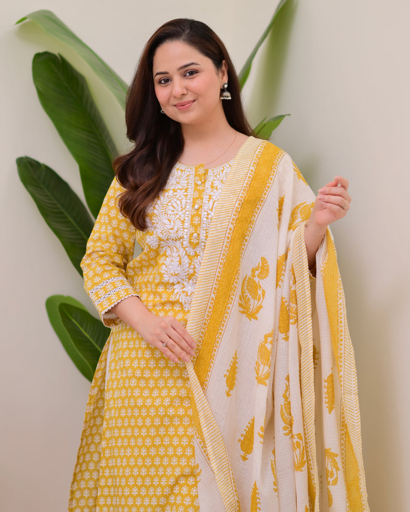 Yellow Lucknowi Cotton Gulnar Suit