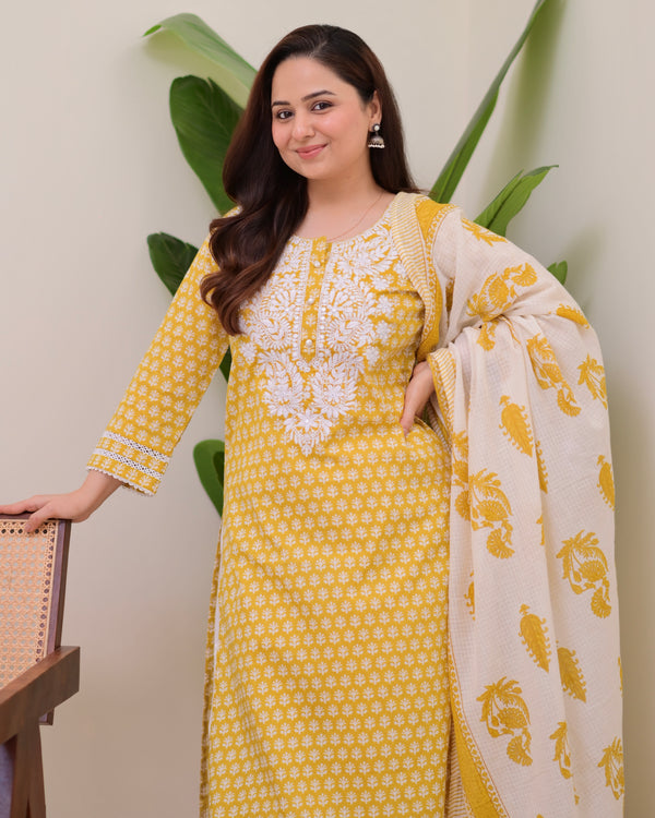 Yellow Lucknowi Cotton Gulnar Suit