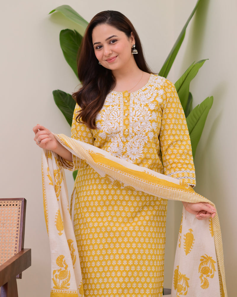 Yellow Lucknowi Cotton Gulnar Suit