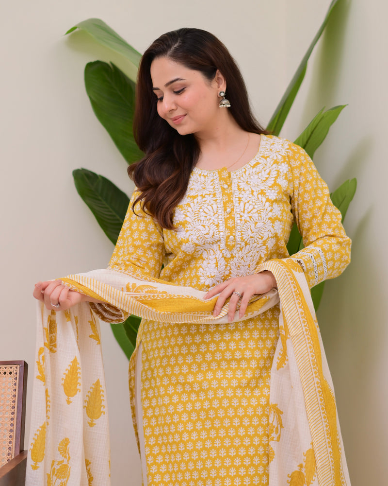 Yellow Lucknowi Cotton Gulnar Suit